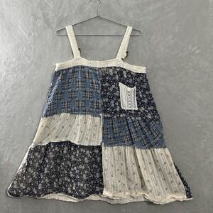 POL Patchwork Floral Dress Women's Large Raw Hem Crochet Country Boho Chic